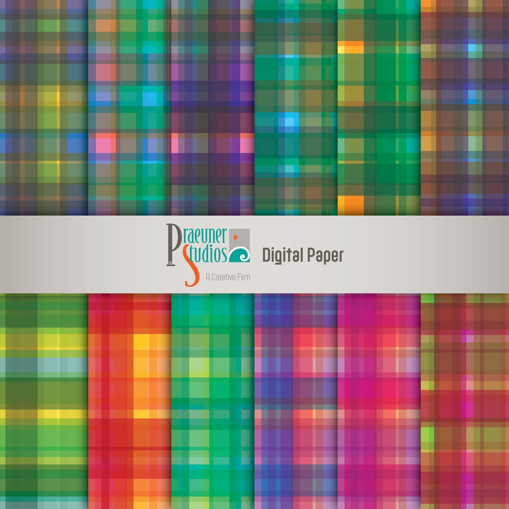 Digital Paper - Plaid Pack 1 - Multi Color Rainbow Lines Abstract Scrap Book