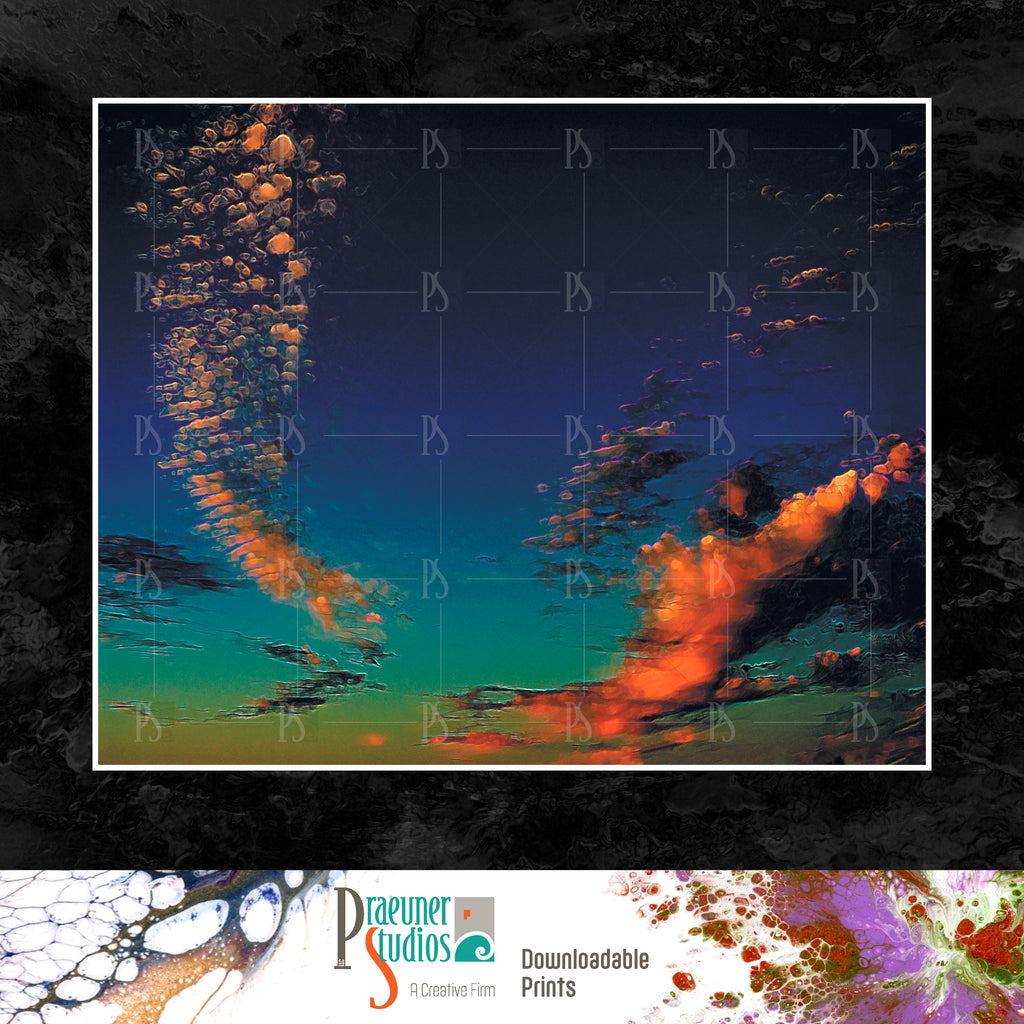 Fiery Apocalyptic Sunset Clouds, Deep Blue Sky, Vibrant Red, Orange and Smokey Aqua - Fantasy, Stylized or Abstract
