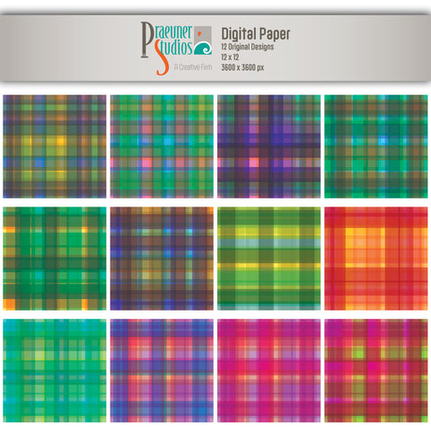 Digital Paper - Plaid Pack 1 - Multi Color Rainbow Lines Abstract Scrap Book