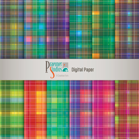 Digital Paper - Plaid Pack 2 - Multi Color Rainbow Lines Abstract Scrap Book