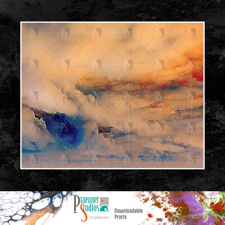 Storm Clouds at Sunset, Abstract Stylized, Warm Colors of Red, Orange and Blue Sky